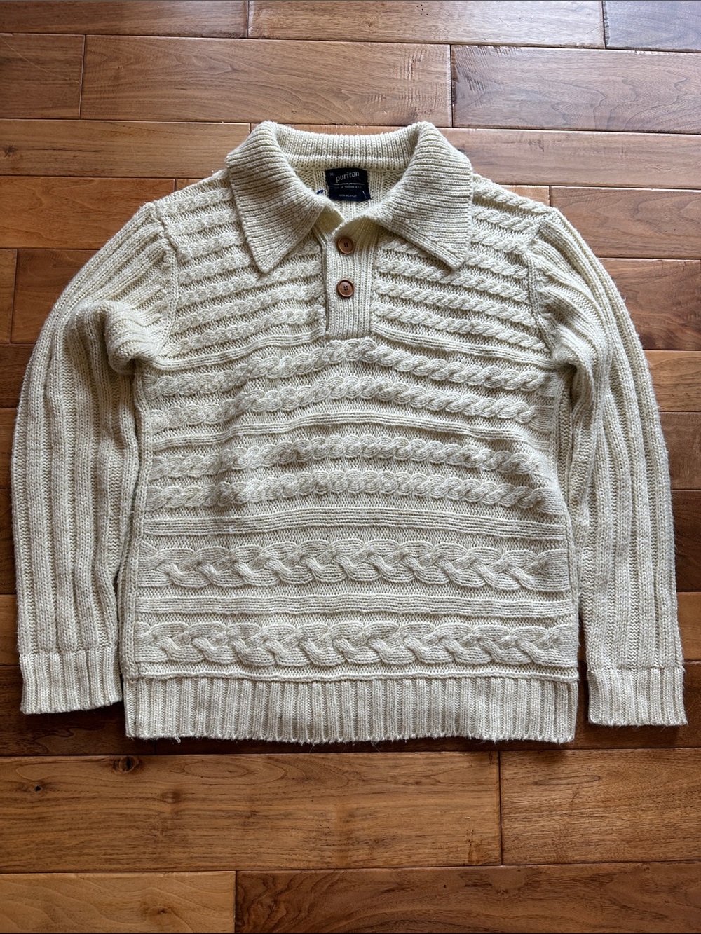 Vtg 70s Puritan cable knit fisherman core polo sweater. Sz xl